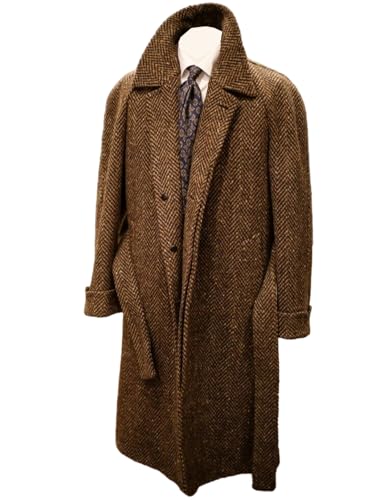 Pkrboro Men's Herringbone Tweed Overcoat Single Breasted Button